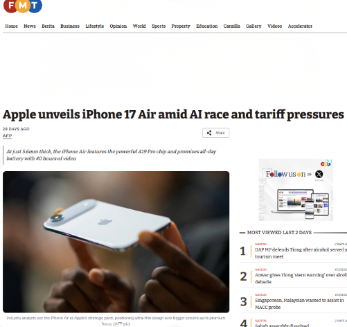 FMT News reports on the impact of the iPhone 17 series launch amid ongoing tariff pressures.