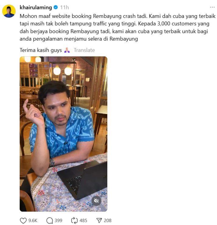 Khairul Aming's social media post apologizing for the Rembayung booking website crash due to high traffic.